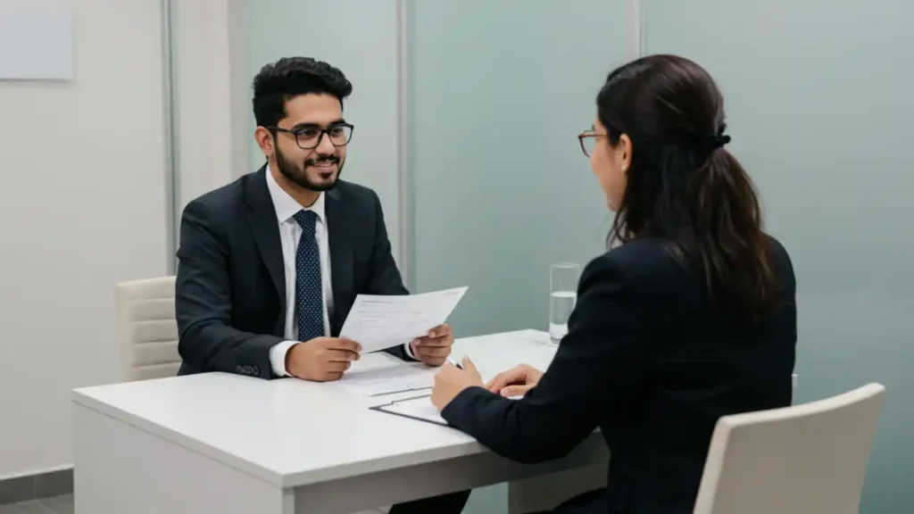 Student sitting at a  student visa interview